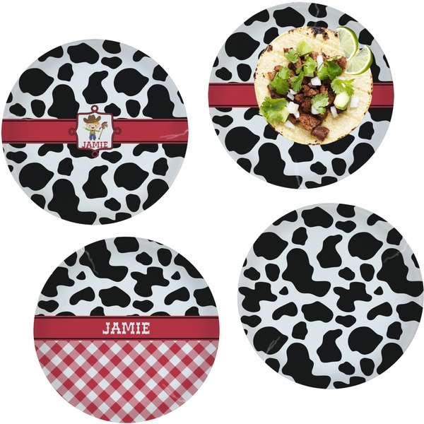 Custom Cowprint w/Cowboy Set of 4 Glass Lunch / Dinner Plate 10" (Personalized)