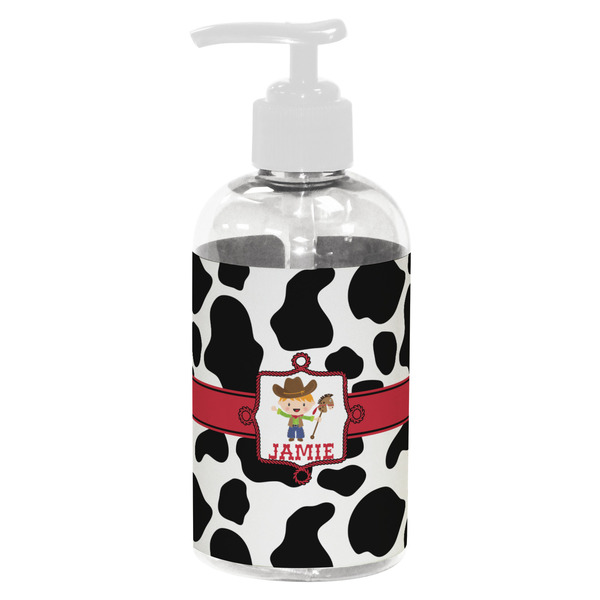 Custom Cowprint w/Cowboy Plastic Soap / Lotion Dispenser (8 oz - Small - White) (Personalized)