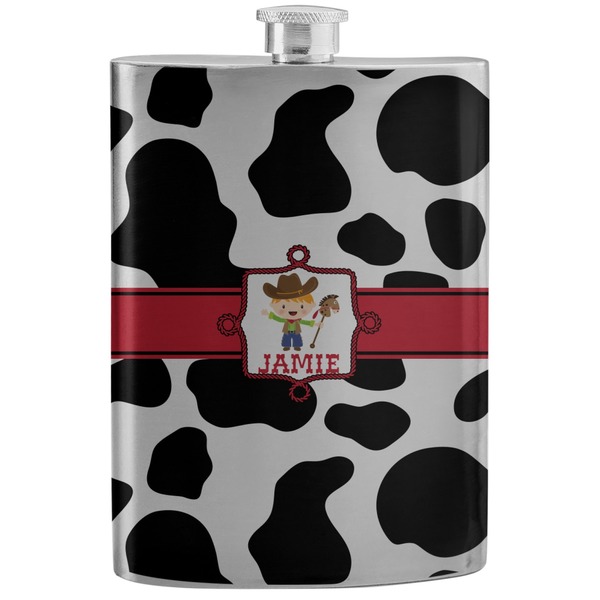 Custom Cowprint w/Cowboy Stainless Steel Flask (Personalized)