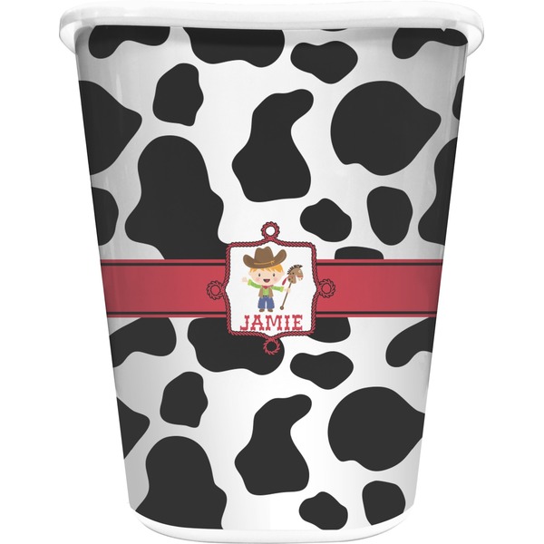 Custom Cowprint w/Cowboy Waste Basket - Double Sided (White) (Personalized)