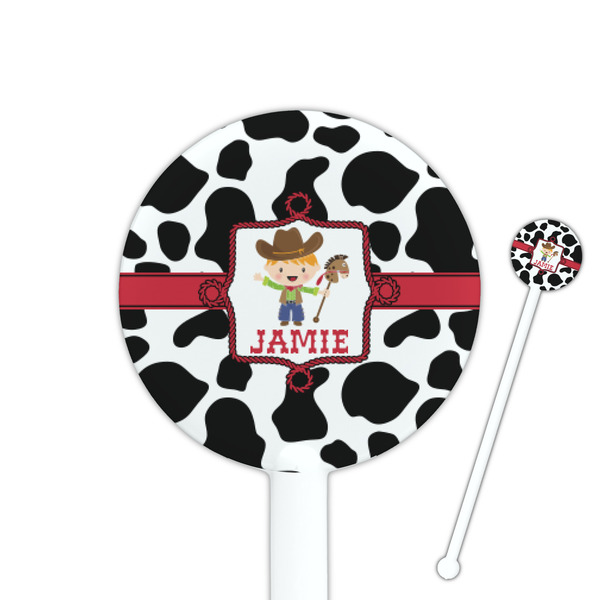 Custom Cowprint w/Cowboy 5.5" Round Plastic Stir Sticks - White - Single Sided (Personalized)