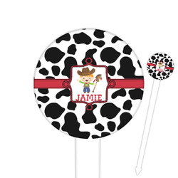 Cowprint w/Cowboy 6" Round Plastic Food Picks - White - Double Sided (Personalized)