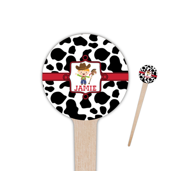 Custom Cowprint w/Cowboy 4" Round Wooden Food Picks - Double Sided (Personalized)