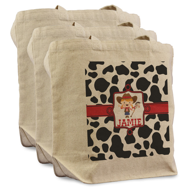 Custom Cowprint Cowgirl Reusable Cotton Grocery Bags - Set of 3 (Personalized)