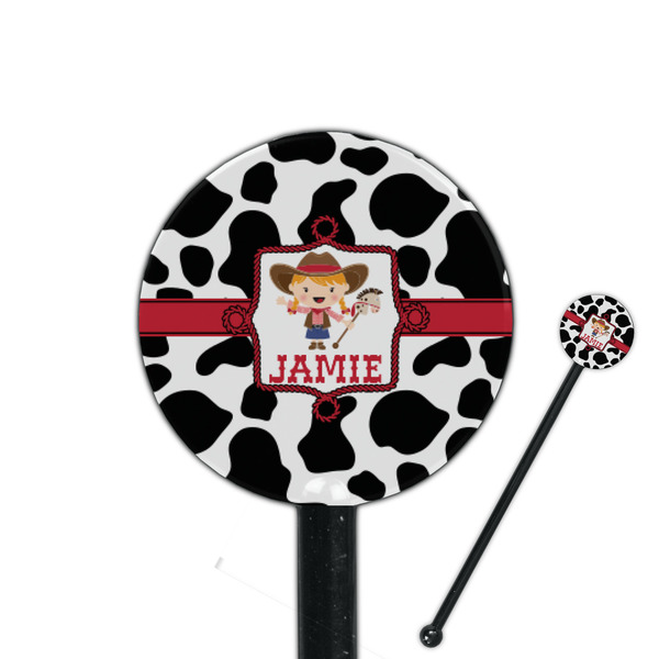 Custom Cowprint Cowgirl 5.5" Round Plastic Stir Sticks - Black - Double Sided (Personalized)