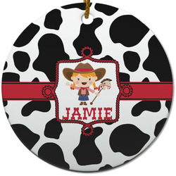 Cowprint Cowgirl Round Ceramic Ornament w/ Name or Text