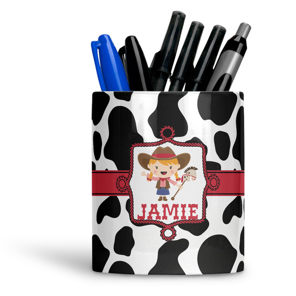 Custom Cowprint Cowgirl Ceramic Pen Holder