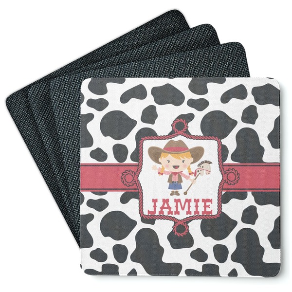 Custom Cowprint Cowgirl Square Rubber Backed Coasters - Set of 4 (Personalized)