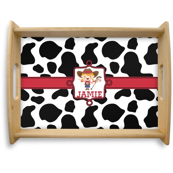 Custom Cowprint Cowgirl Natural Wooden Tray - Large (Personalized)