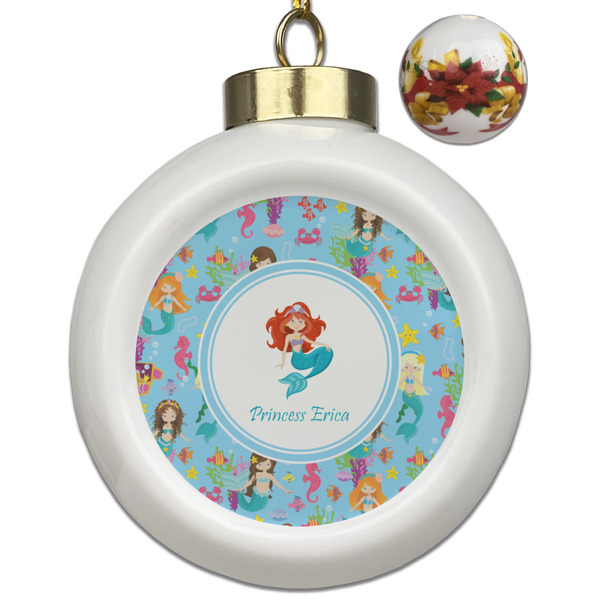 Custom Mermaids Ceramic Ball Ornaments - Poinsettia Garland (Personalized)