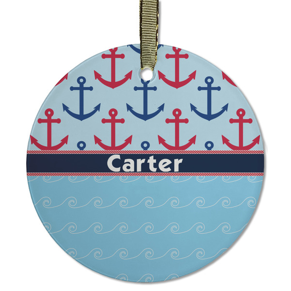 Custom Anchors & Waves Flat Glass Ornament - Round w/ Name or Text