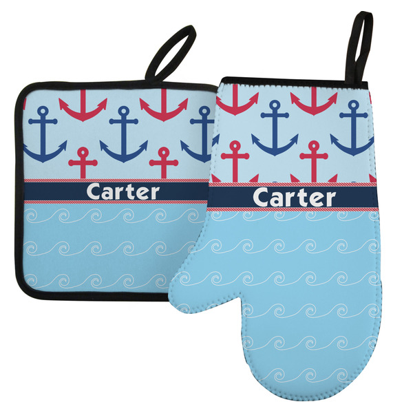 Custom Anchors & Waves Left Oven Mitt & Pot Holder Set w/ Name or Text