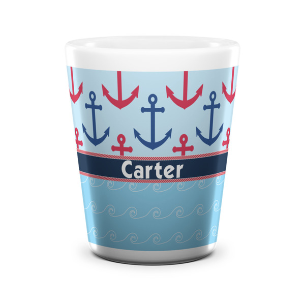 Custom Anchors & Waves Ceramic Shot Glass - 1.5 oz - White - Set of 4 (Personalized)