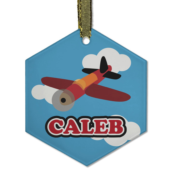 Custom Airplane Flat Glass Ornament - Hexagon w/ Name or Text