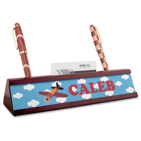 Custom Airplane Red Mahogany Nameplate with Business Card Holder (Personalized)