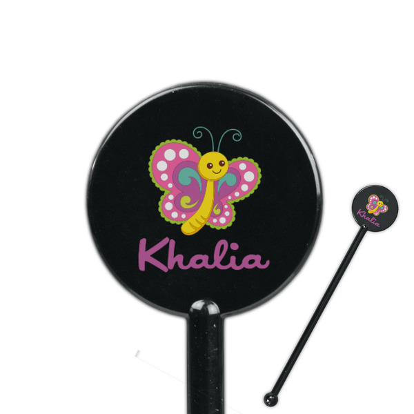 Custom Butterflies 5.5" Round Plastic Stir Sticks - Black - Double Sided (Personalized)