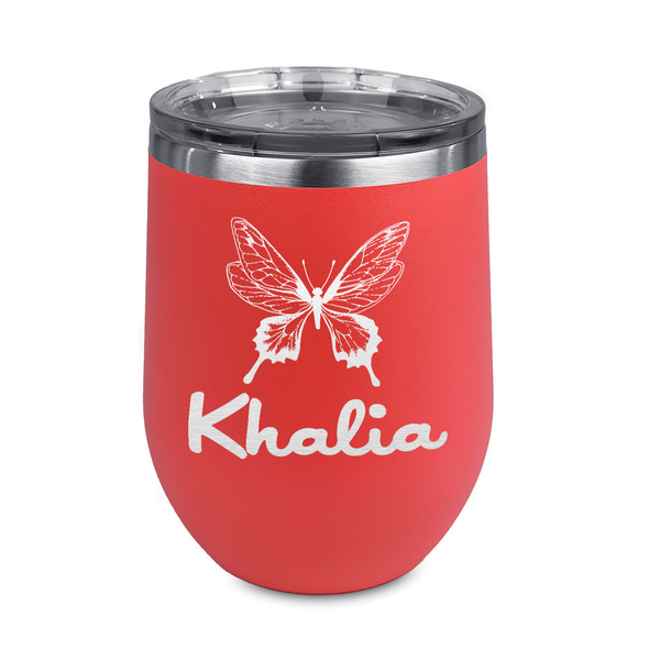 Custom Butterflies Stemless Stainless Steel Wine Tumbler - Coral - Double Sided (Personalized)