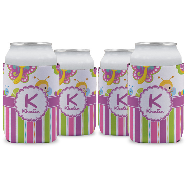 Custom Butterflies & Stripes Can Cooler (12 oz) - Set of 4 w/ Name and Initial