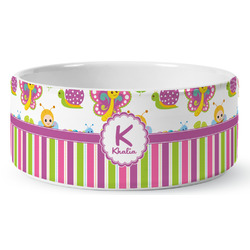 Butterflies & Stripes Ceramic Dog Bowl - Medium (Personalized)