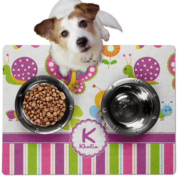 Custom Butterflies & Stripes Dog Food Mat - Medium w/ Name and Initial