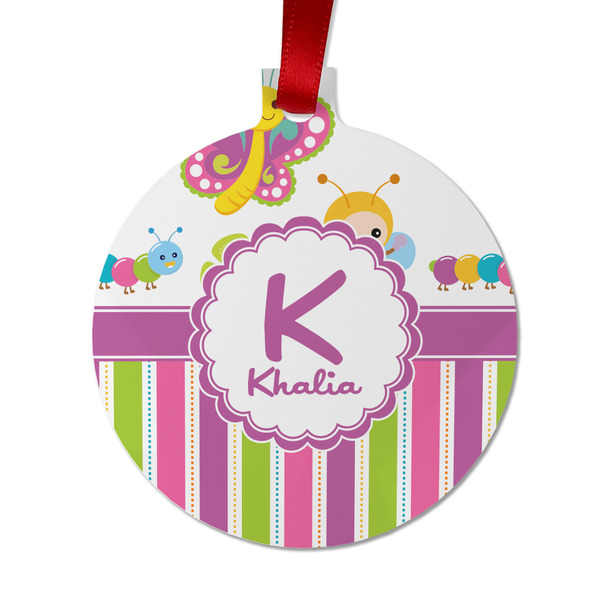 Custom Butterflies & Stripes Metal Ball Ornament - Double Sided w/ Name and Initial