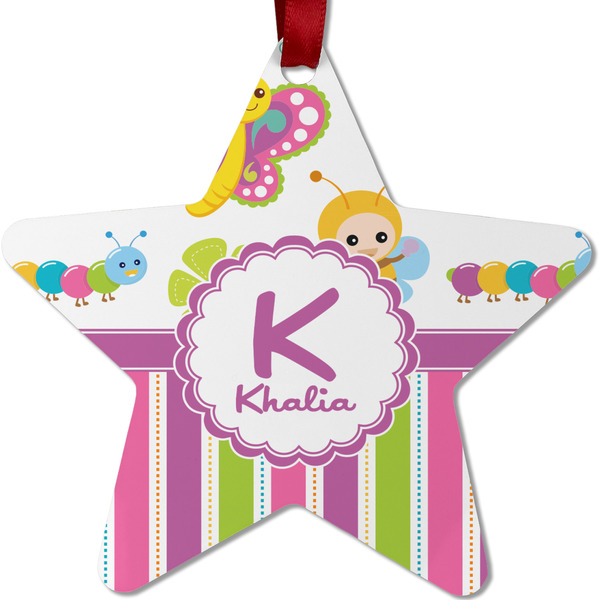 Custom Butterflies & Stripes Metal Star Ornament - Double Sided w/ Name and Initial