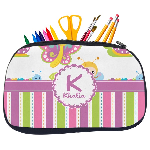 Custom Butterflies & Stripes Neoprene Pencil Case - Medium w/ Name and Initial