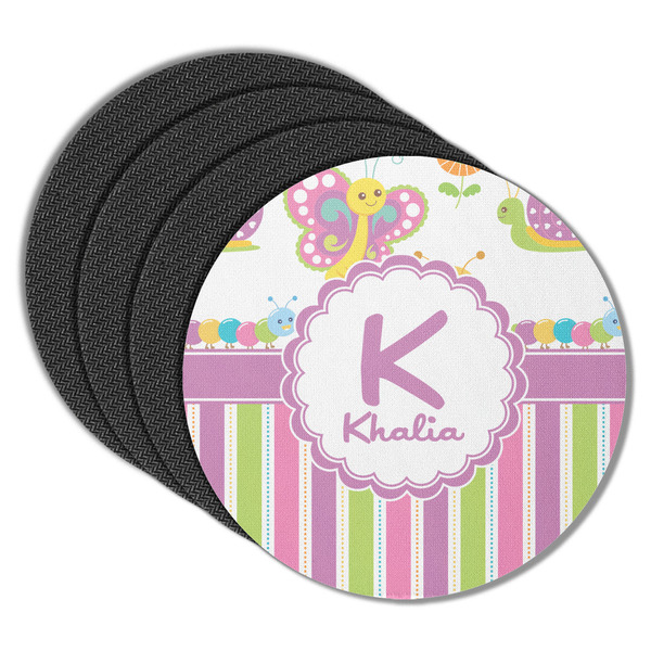 Custom Butterflies & Stripes Round Rubber Backed Coasters - Set of 4 (Personalized)