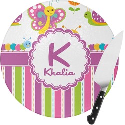 Butterflies & Stripes Round Glass Cutting Board - Medium (Personalized)