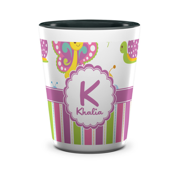 Custom Butterflies & Stripes Ceramic Shot Glass - 1.5 oz - Two Tone - Single (Personalized)