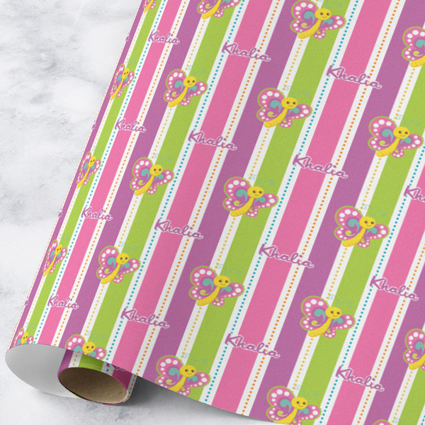 Custom Butterflies & Stripes Wrapping Paper Roll - Large - Matte (Personalized)