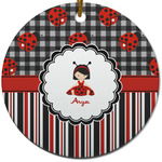 Ladybugs & Stripes Round Ceramic Ornament w/ Name or Text