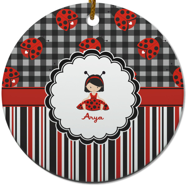 Custom Ladybugs & Stripes Round Ceramic Ornament w/ Name or Text