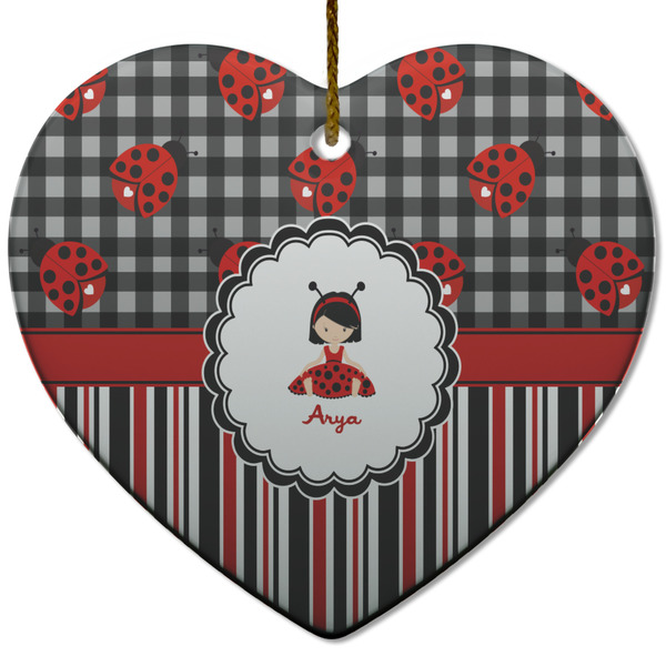 Custom Ladybugs & Stripes Heart Ceramic Ornament w/ Name or Text