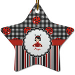 Ladybugs & Stripes Star Ceramic Ornament w/ Name or Text