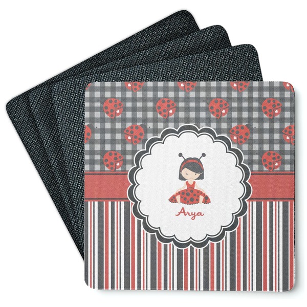 Custom Ladybugs & Stripes Square Rubber Backed Coasters - Set of 4 (Personalized)