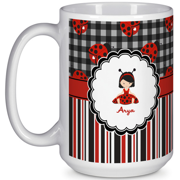 Custom Ladybugs & Stripes 15 Oz Coffee Mug - White (Personalized)