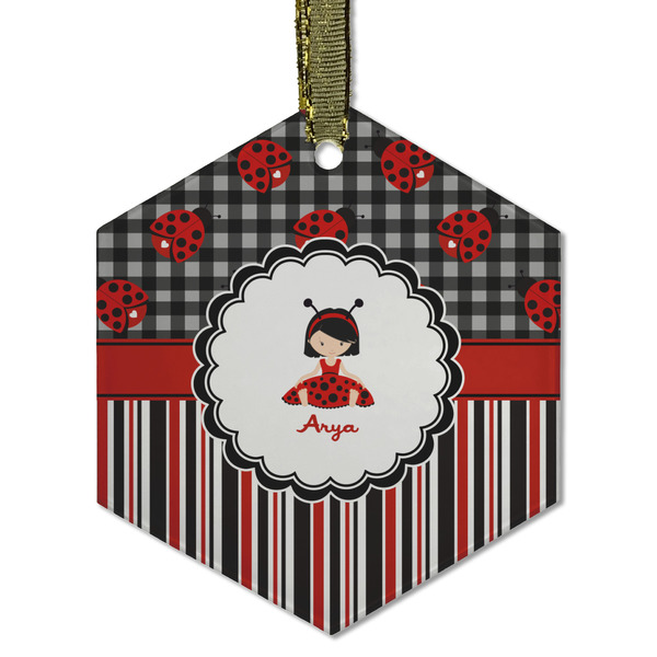 Custom Ladybugs & Stripes Flat Glass Ornament - Hexagon w/ Name or Text