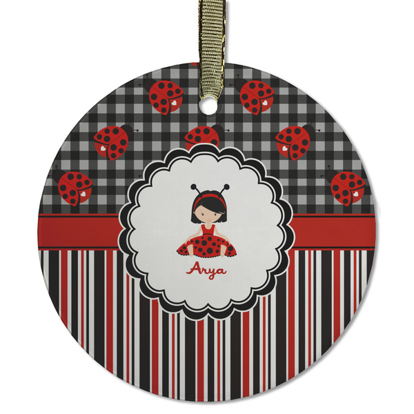 Custom Ladybugs & Stripes Flat Glass Ornament - Round w/ Name or Text