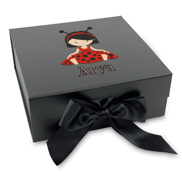 Custom Ladybugs & Stripes Gift Box with Magnetic Lid - Black (Personalized)