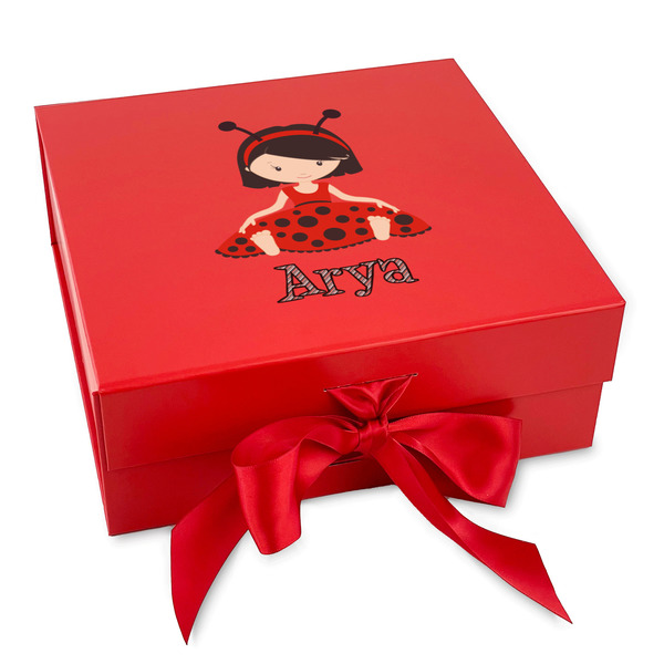 Custom Ladybugs & Stripes Gift Box with Magnetic Lid - Red (Personalized)