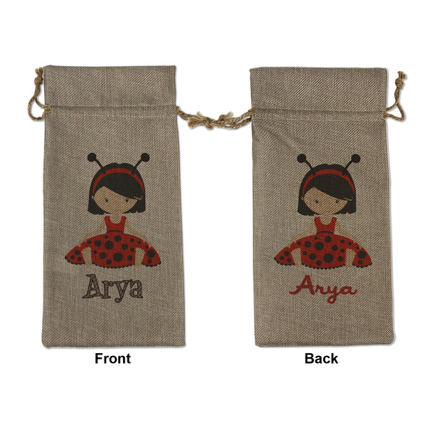 Custom Ladybugs & Stripes Large Burlap Gift Bag - Front & Back (Personalized)