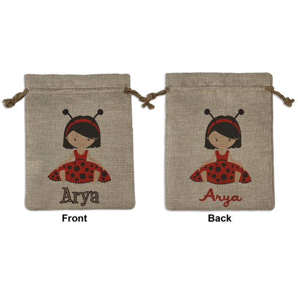 Custom Ladybugs & Stripes Medium Burlap Gift Bag - Front & Back (Personalized)