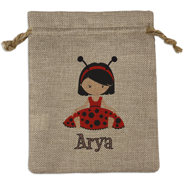 Custom Ladybugs & Stripes Medium Burlap Gift Bag - Front (Personalized)