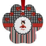 Ladybugs & Stripes Metal Paw Ornament - Double Sided w/ Name or Text