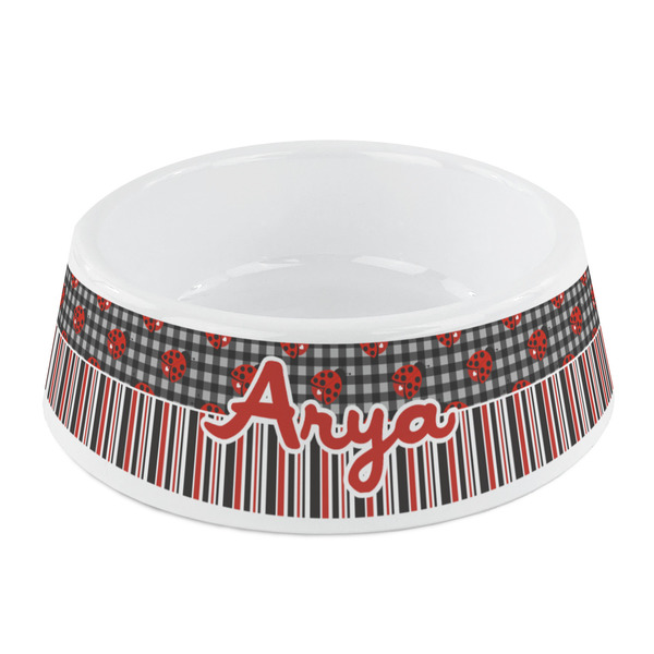 Custom Ladybugs & Stripes Plastic Dog Bowl - Small (Personalized)