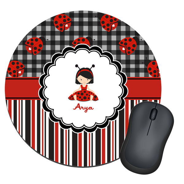 Custom Ladybugs & Stripes Round Mouse Pad (Personalized)