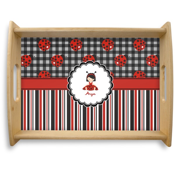 Custom Ladybugs & Stripes Natural Wooden Tray - Large (Personalized)