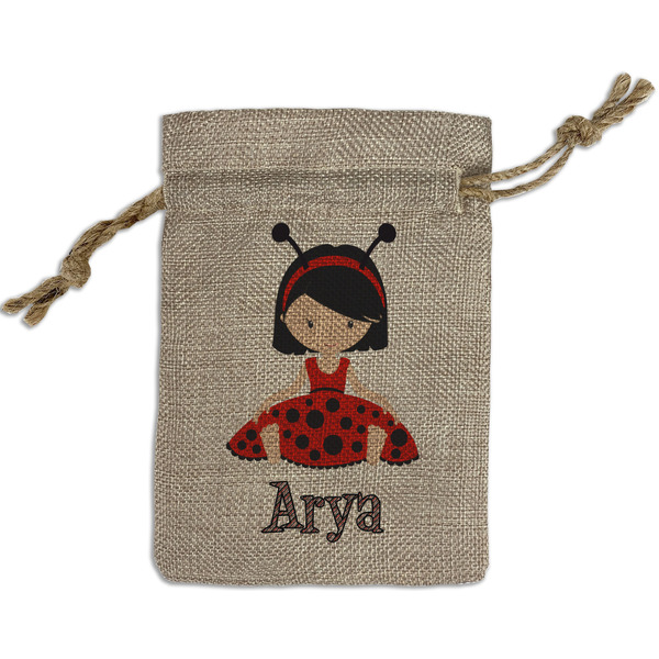 Custom Ladybugs & Stripes Small Burlap Gift Bag - Front (Personalized)