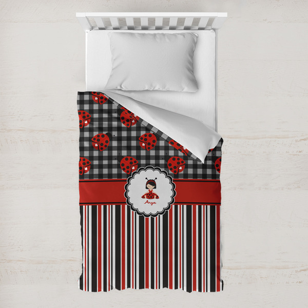 Custom Ladybugs & Stripes Toddler Duvet Cover w/ Name or Text